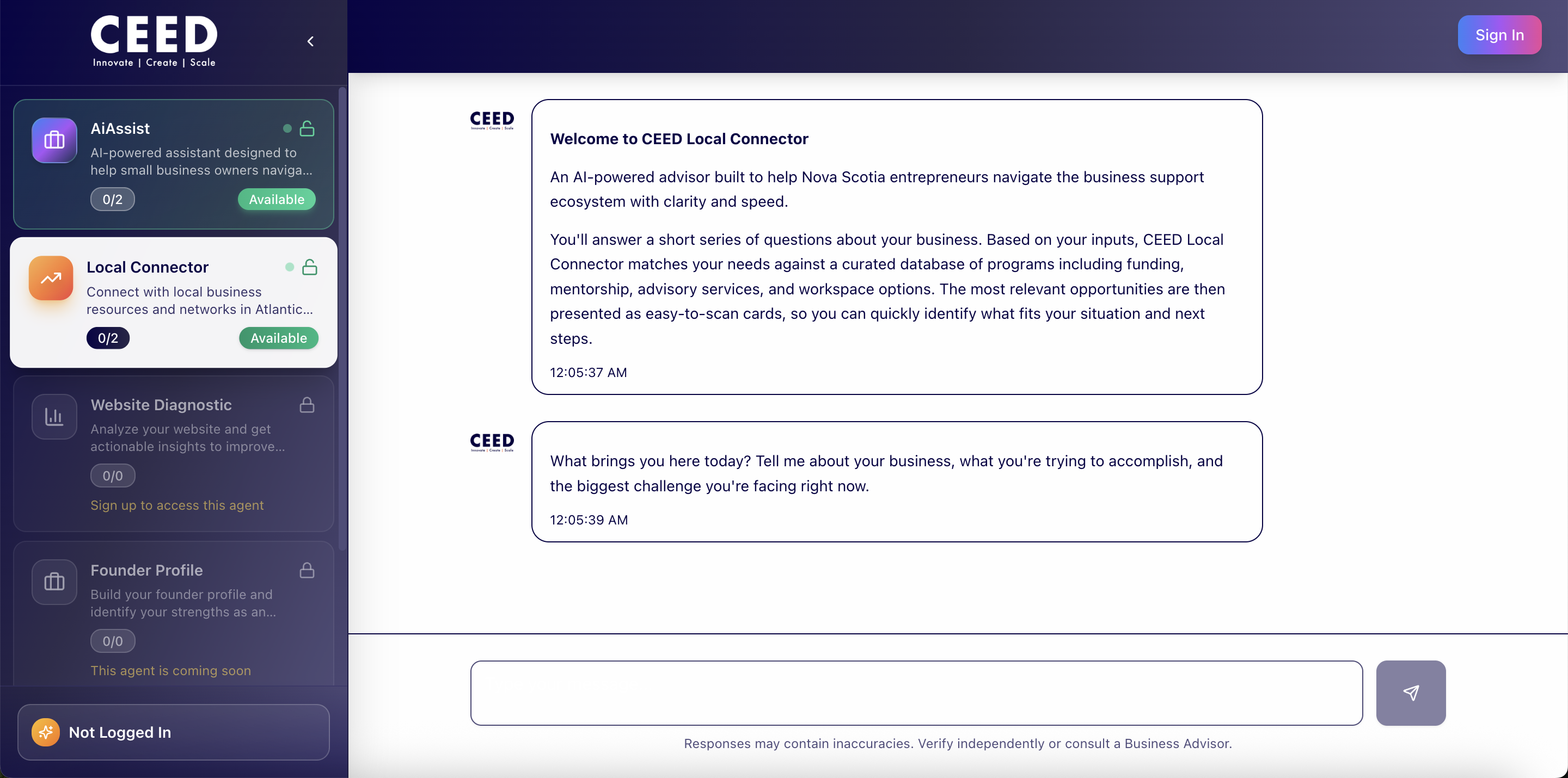 LocalConnect AI advisor interface showing business support recommendations for Nova Scotia entrepreneurs